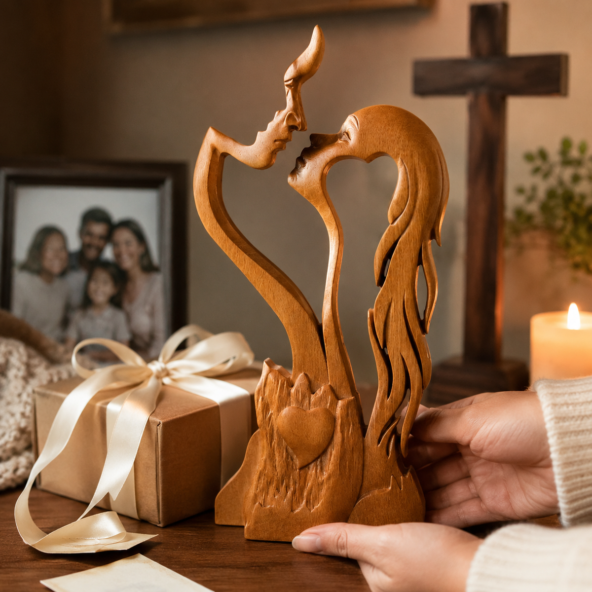Hand-Carved Christian Love Sculpture – Wooden Couple Statue for Wedding & Anniversary Gift - product view