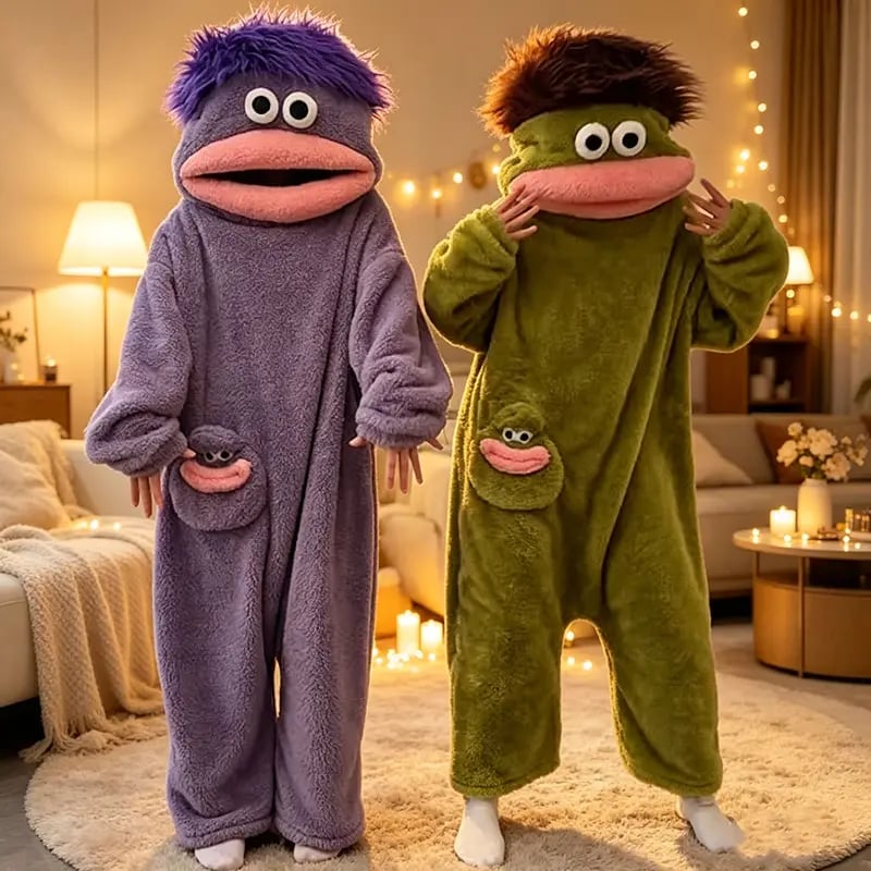 Big Mouth Monster Onesie Pajamas with Large Comb – Oversized Plush Fleece Hooded One Piece for Sleep & Party
