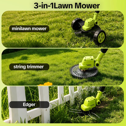 3-in-1 Cordless Lawn Mower with 2×21V Batteries, German Quality Lightweight Grass Trimmer & Edger for Small to Medium Gardens