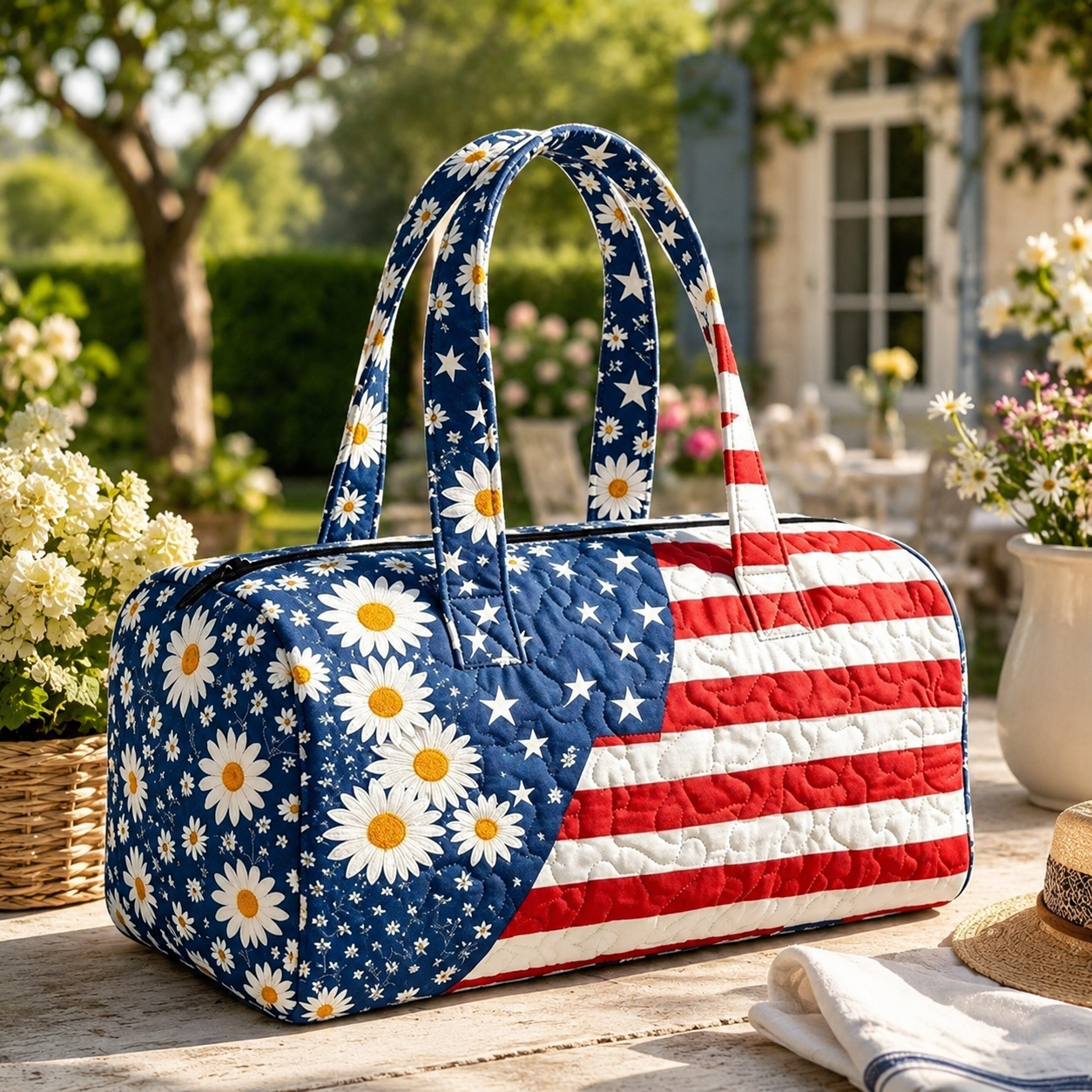 US Patriotic Quilted Tote Bag – 3D Floral American Flag Travel Bag 👜