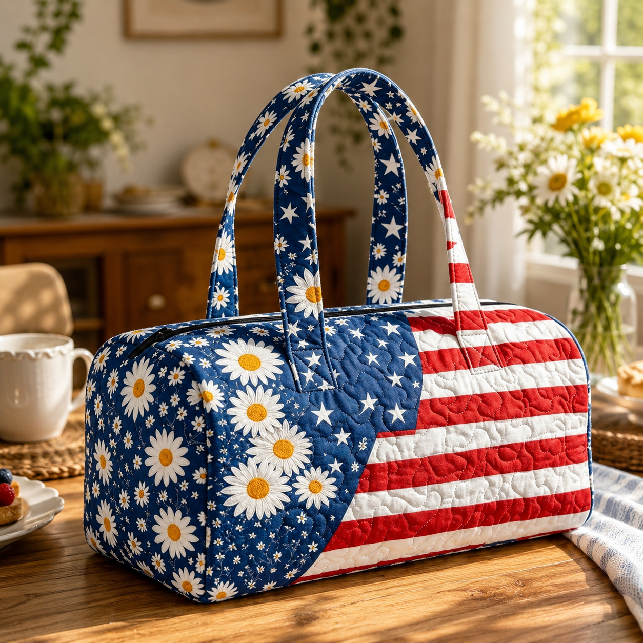 US Patriotic Quilted Tote Bag – 3D Floral American Flag Travel Bag 👜