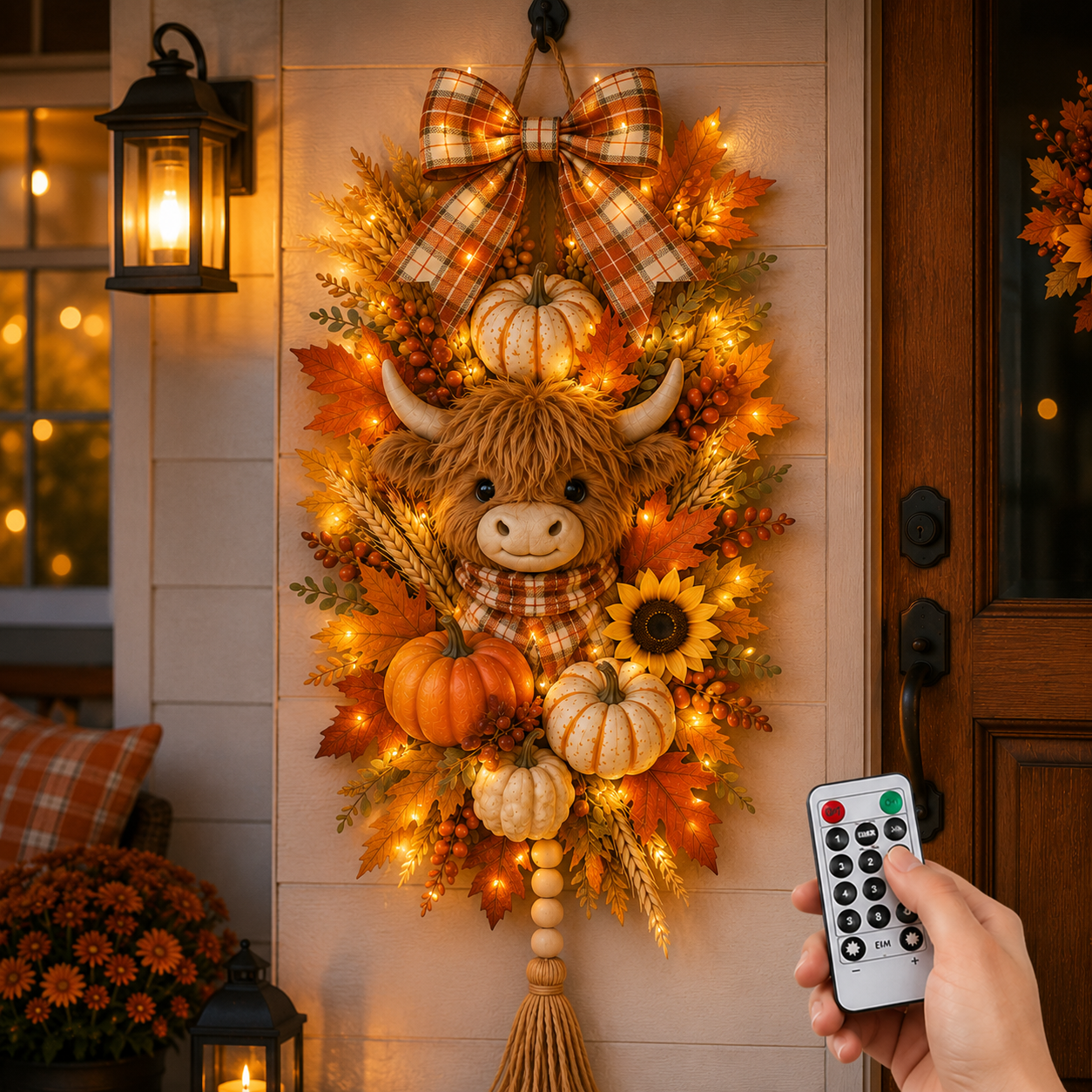🐮🏡 Highland Cow Harvest Door Decoration with Warm Lights