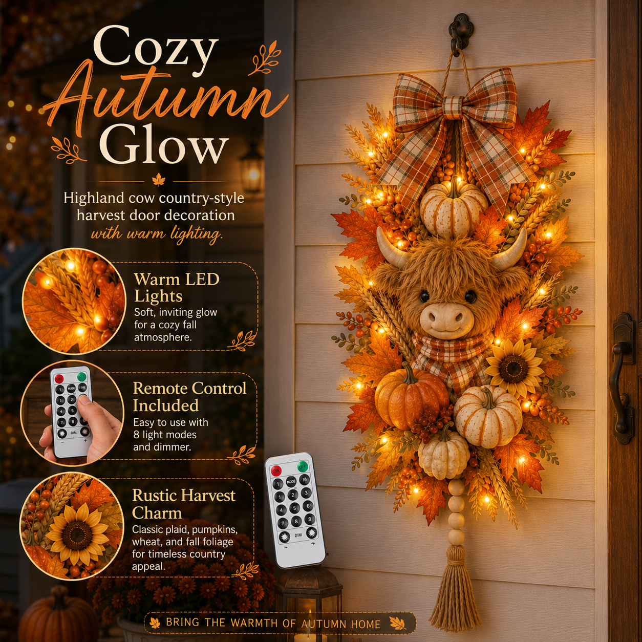 🐮🏡 Highland Cow Harvest Door Decoration with Warm Lights