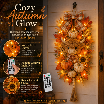 🐮🏡 Highland Cow Harvest Door Decoration with Warm Lights