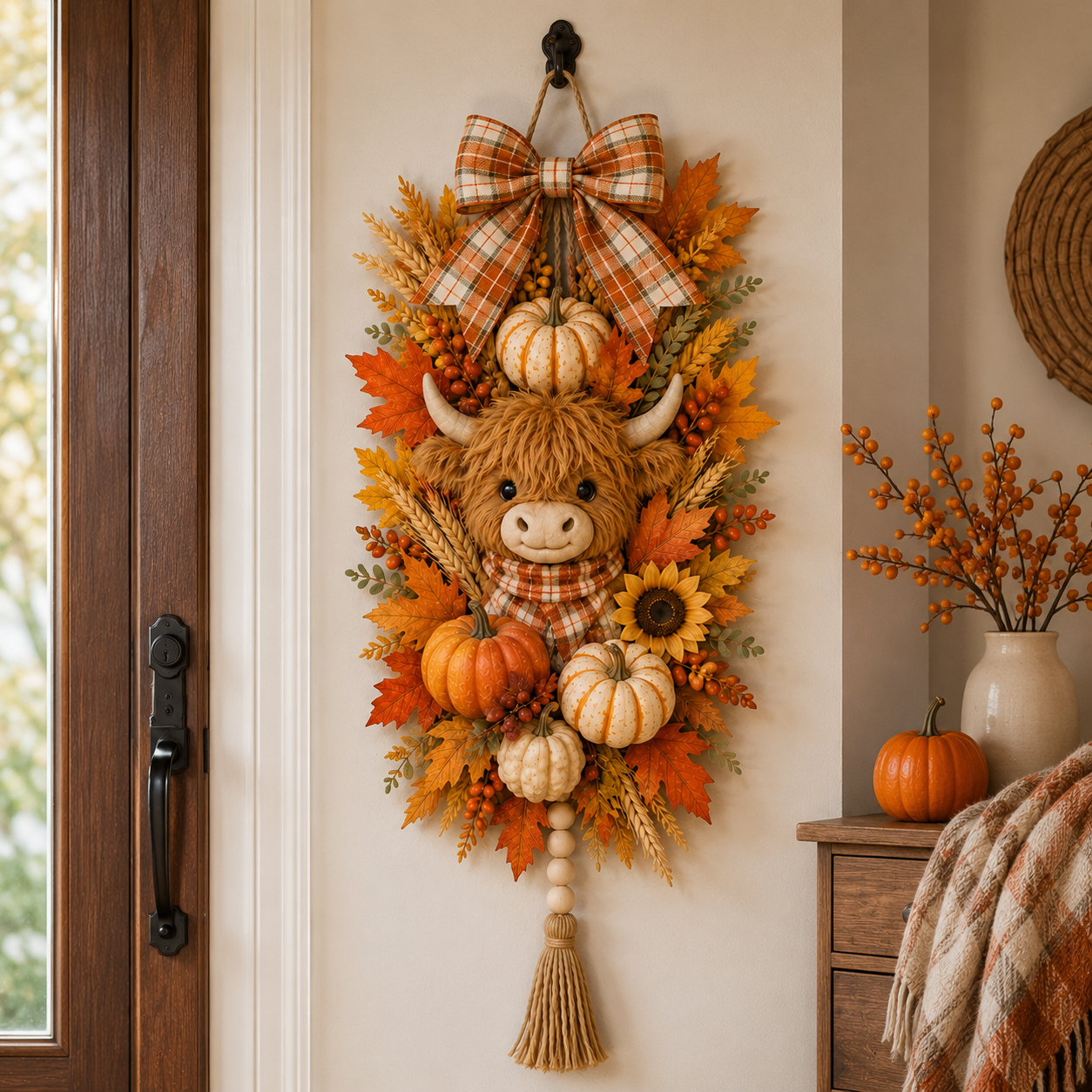 🐮🏡 Highland Cow Harvest Door Decoration with Warm Lights