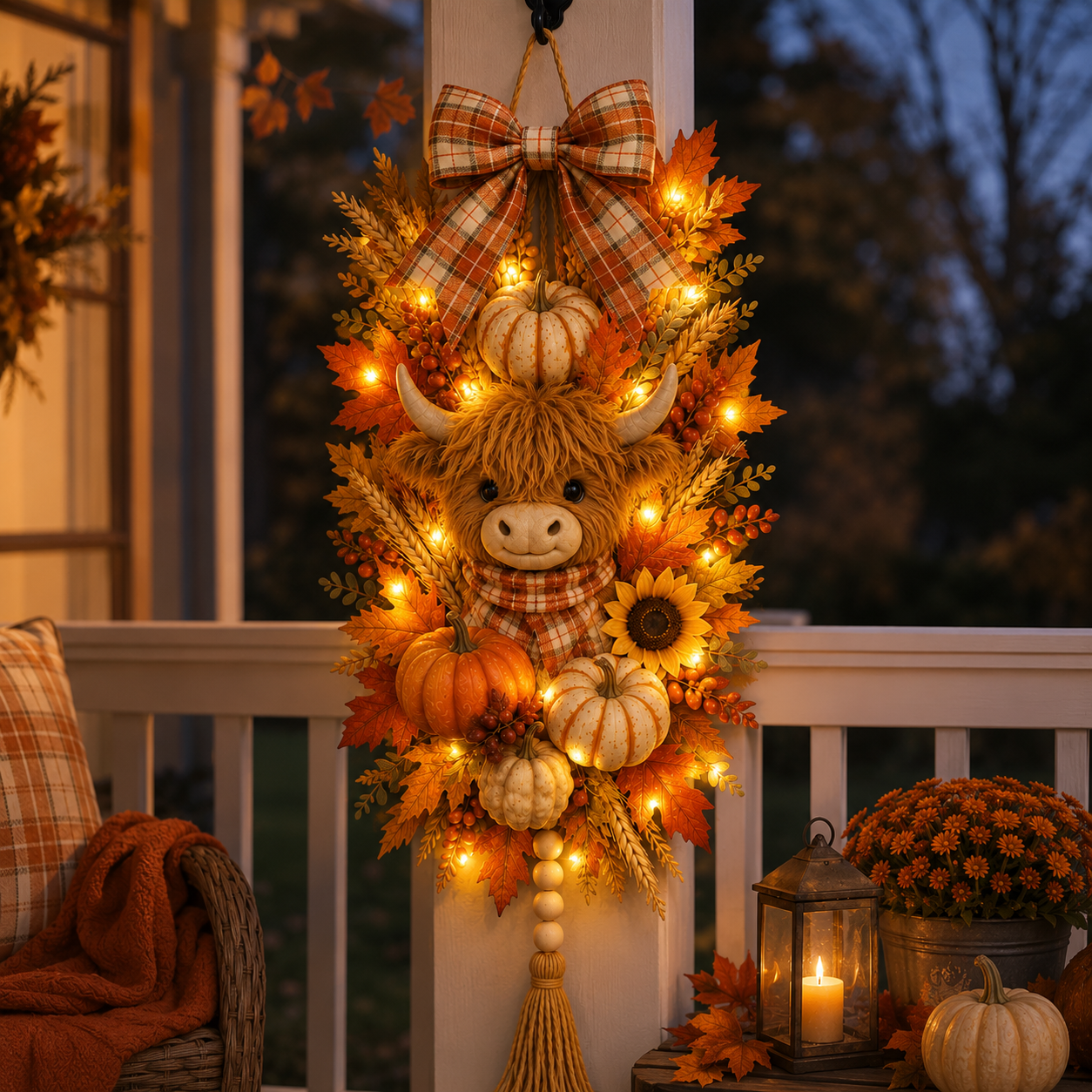 🐮🏡 Highland Cow Harvest Door Decoration with Warm Lights