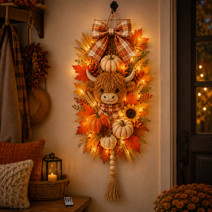 🐮🏡 Highland Cow Harvest Door Decoration with Warm Lights