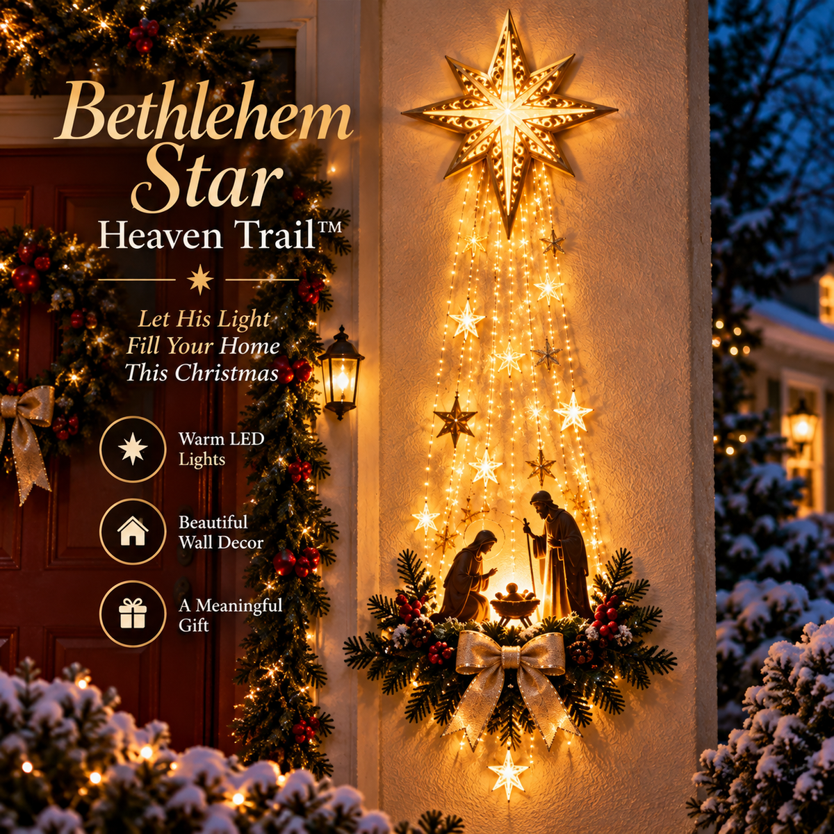 Bethlehem Star Nativity Christmas wall light glowing beside a decorated entryway