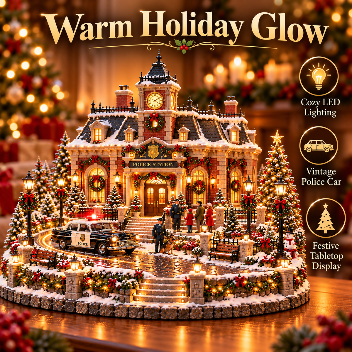 🎅🎄 Light-Up Christmas Police Village ✨🚔 – Vintage Patrol Car & K9 Christmas Decor 🐾🎁