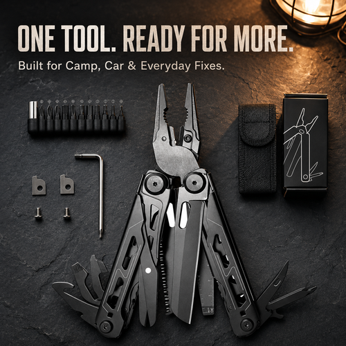 🚀16-in-1 Multitool with Large Scissors | Compact Outdoor Tool for Camping & Repairs