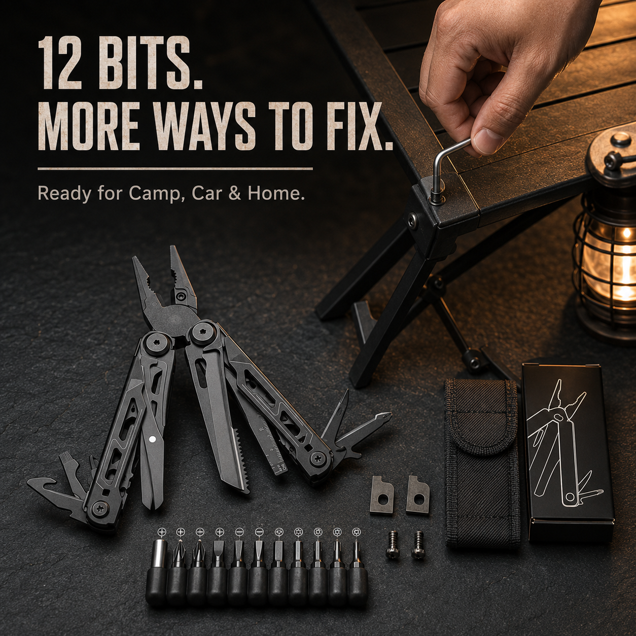 🚀16-in-1 Multitool with Large Scissors | Compact Outdoor Tool for Camping & Repairs