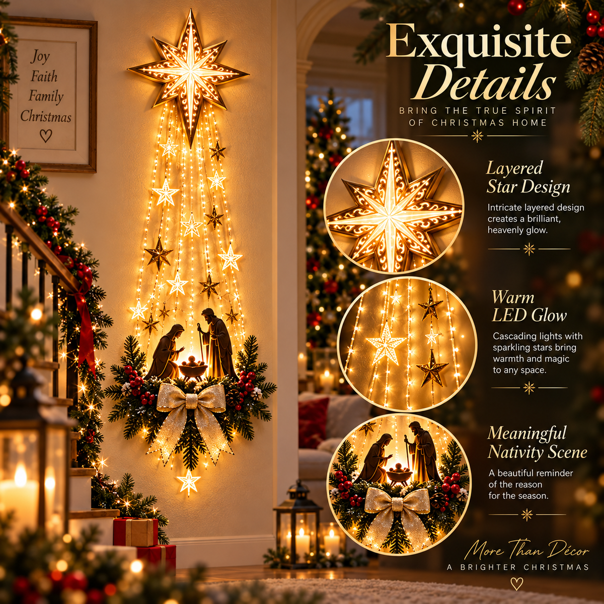 Close-up details of Bethlehem Star Nativity Christmas wall decoration