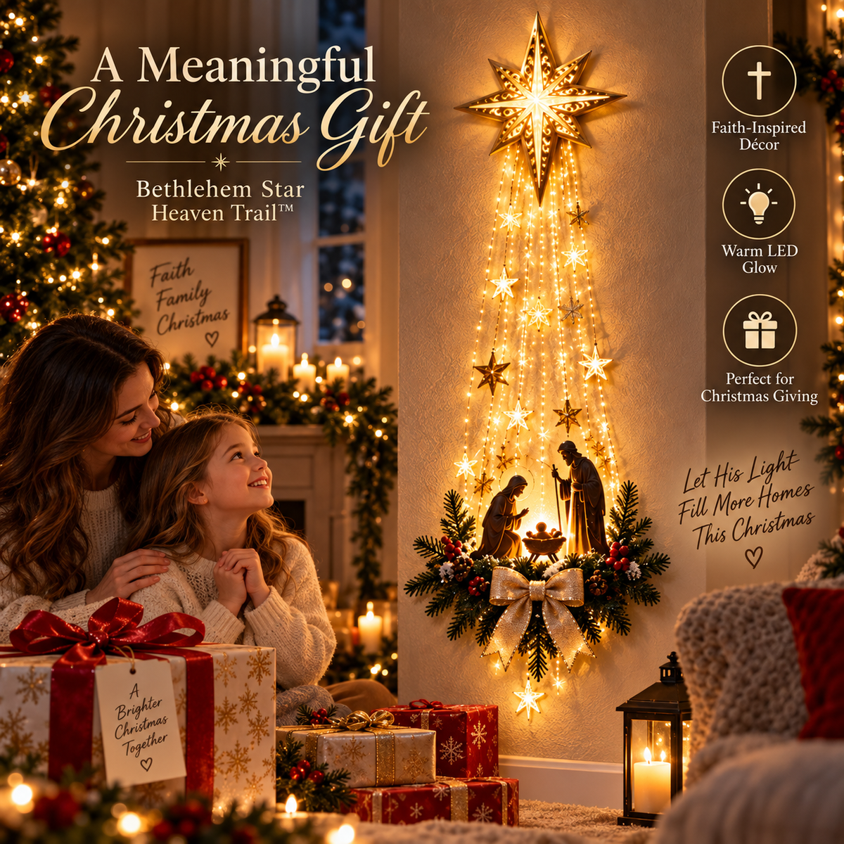 Mother and daughter enjoying a warm Christmas setting beside the Bethlehem Star Nativity light
