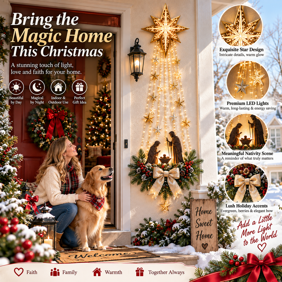 Bethlehem Star Christmas wall decoration displayed near a festive home entry