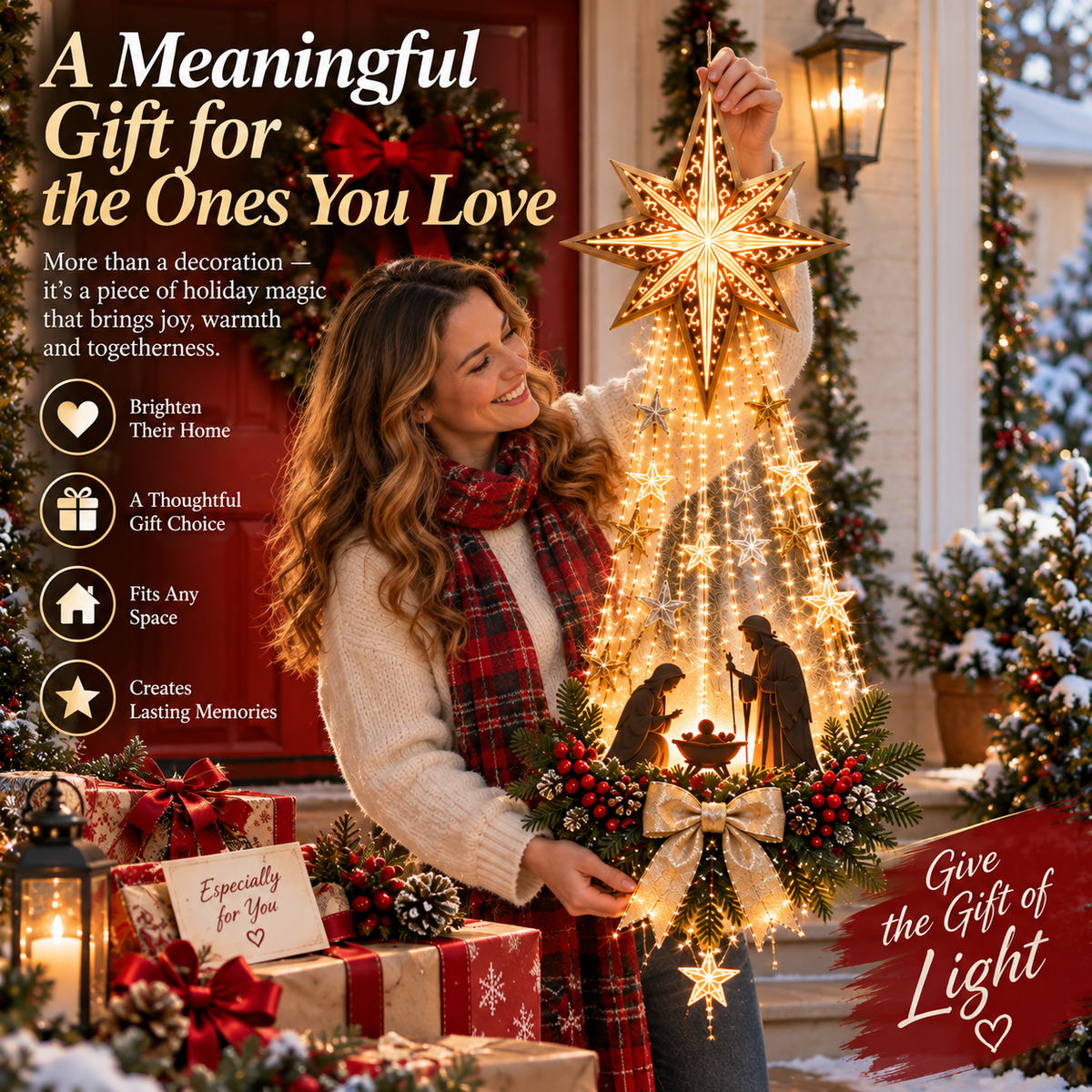 Woman holding glowing Bethlehem Star Nativity Christmas decoration as a gift