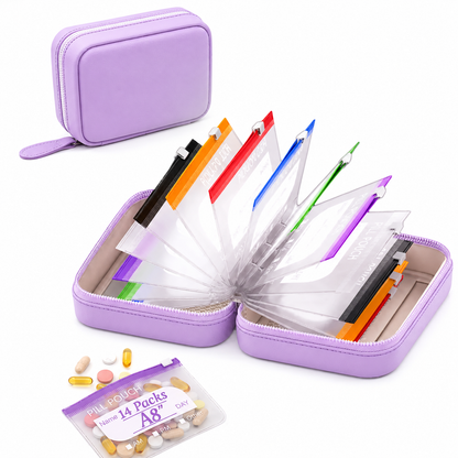 💊A8 Waterproof 14-Pouch Weekly Pill Organizer, Color-Coded Travel Storage for Vitamins & Supplements