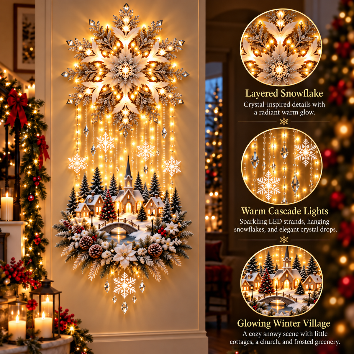 🎄 Illuminated Christmas Tree & Village Wall Hanging | Cascading Warm Lights for Living Rooms, Entryways & Staircases ✨