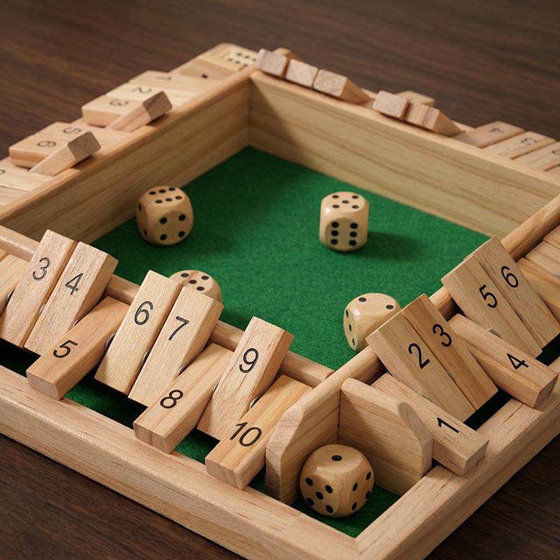 Wooden number tiles and dice