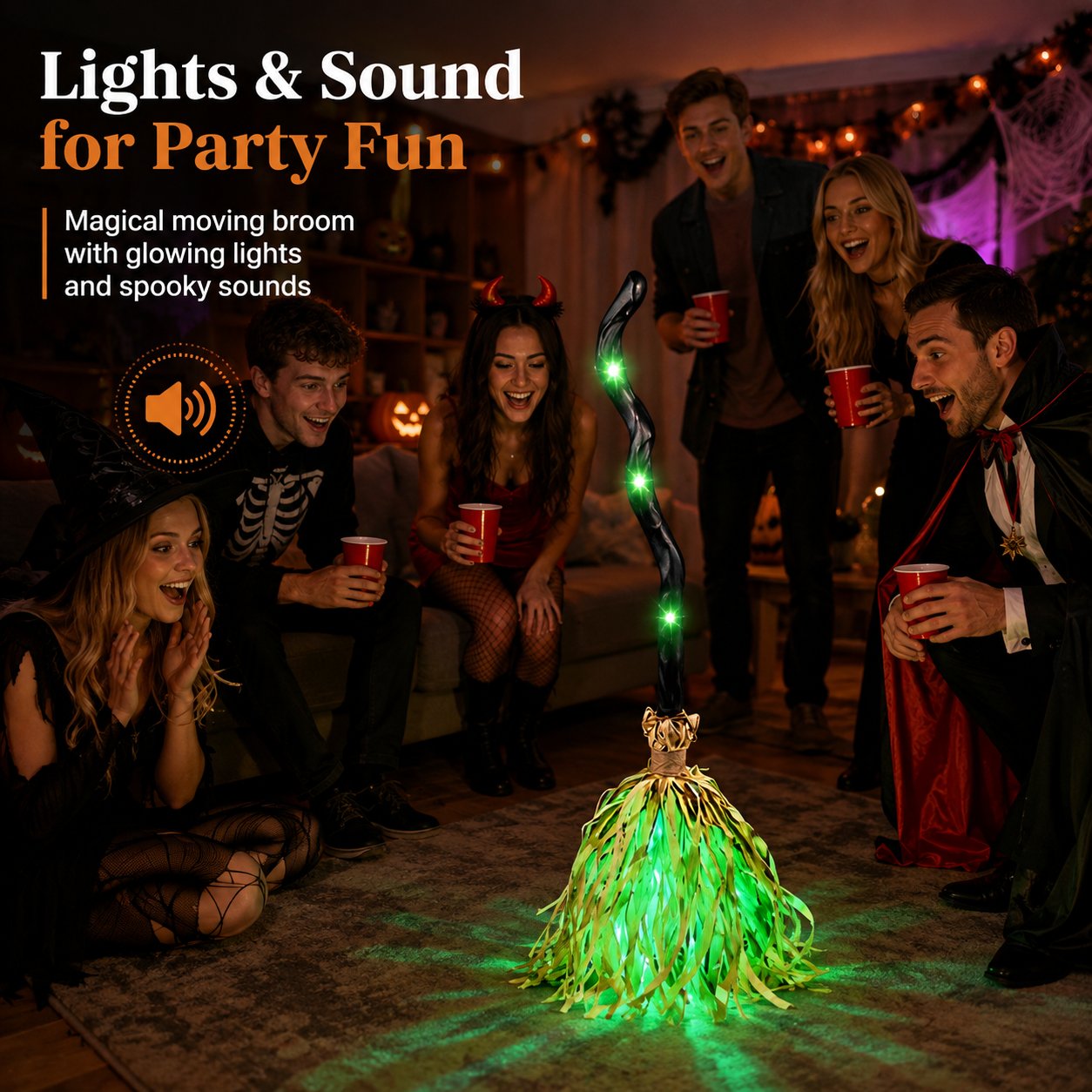 Animated Moving Witch Broom, Light‑Sound‑Motion Halloween Prop to Boost Thrill for Your Indoor & Outdoor Party Decor