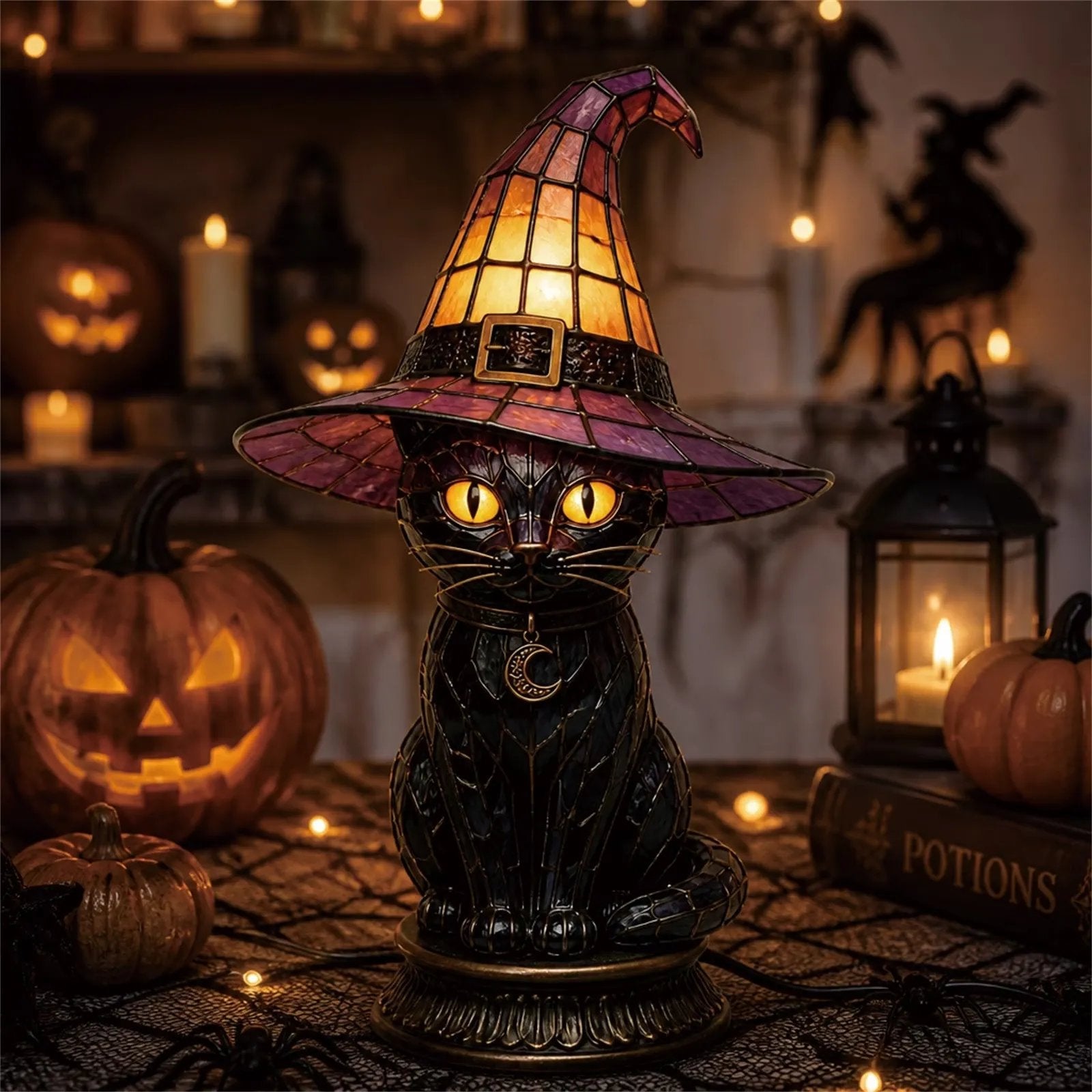 🐈 Gothic Stained Glass Witch Black Cat Table Lamp | Halloween Witch Hat Night Light Decor