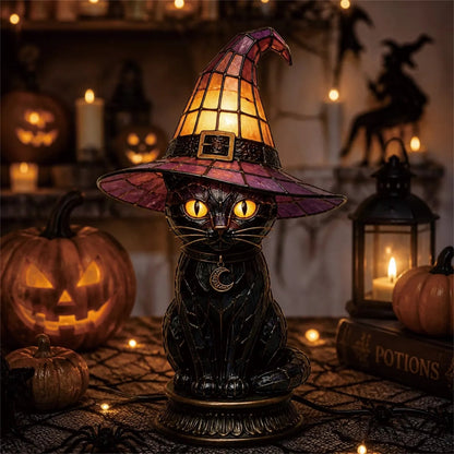 🐈 Gothic Stained Glass Witch Black Cat Table Lamp | Halloween Witch Hat Night Light Decor