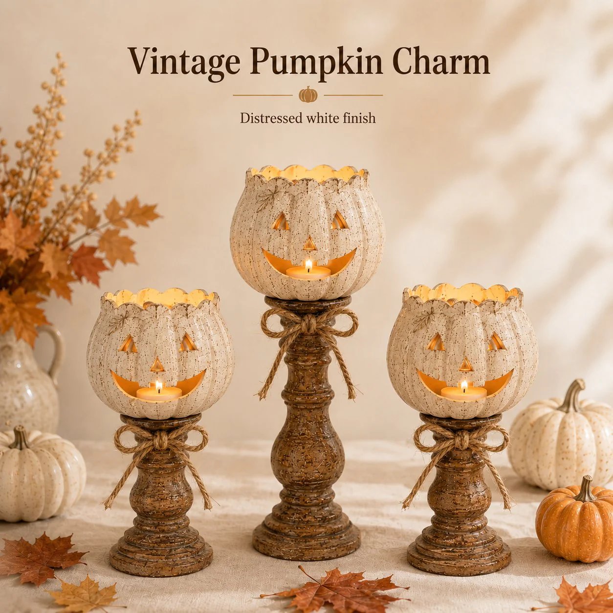 🕯   Set of 3 Rustic White Pumpkin Tealight Candle Holders  | Layered Farmhouse Fall Decor For Halloween & Thanksgiving