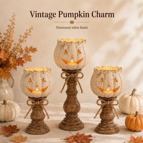 🕯   Set of 3 Rustic White Pumpkin Tealight Candle Holders  | Layered Farmhouse Fall Decor For Halloween & Thanksgiving