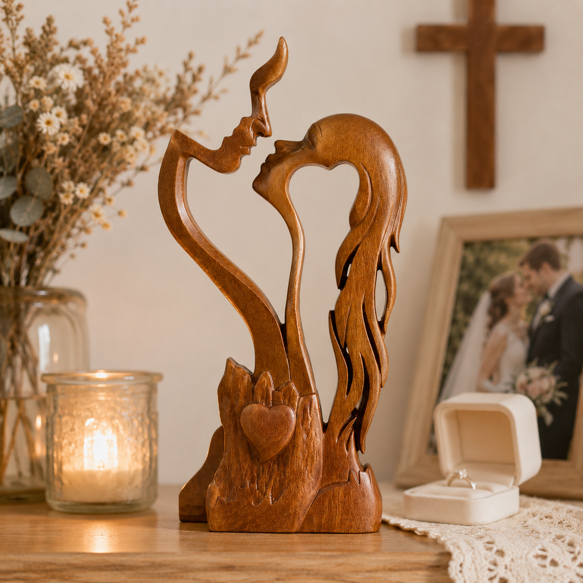 Hand-Carved Christian Love Sculpture – Wooden Couple Statue for Wedding & Anniversary Gift - faith-inspired design detail