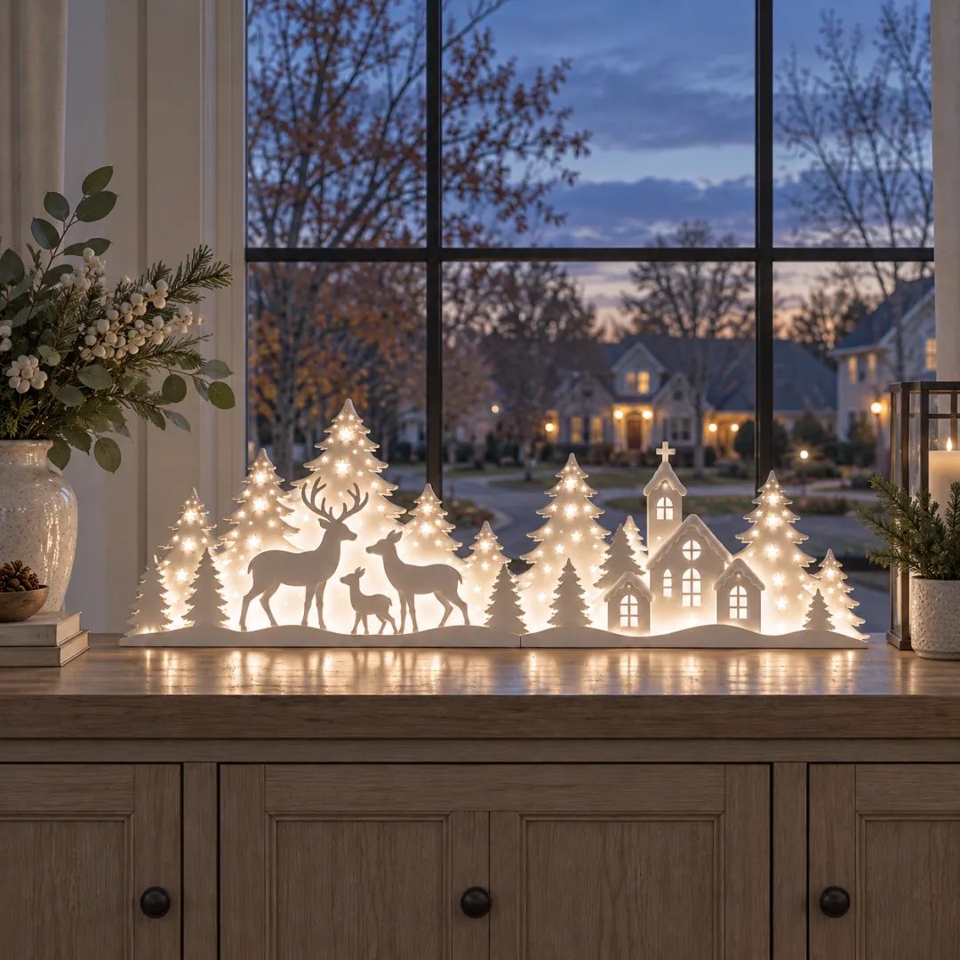 🎁Last Day 49% OFF🔥🦌 LED Christmas Deer & Village Window Decor | 2-Piece Lighted Scene