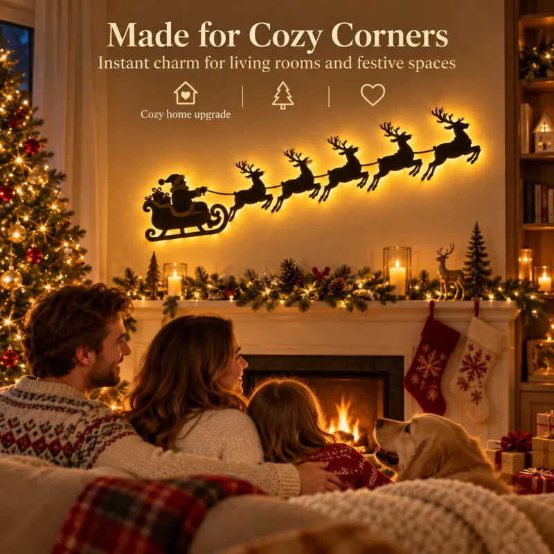 LED Christmas Santa Sleigh Wall Art, Illuminated Reindeer Silhouette Metal Sign, Warm Backlit Holiday Wall Decor