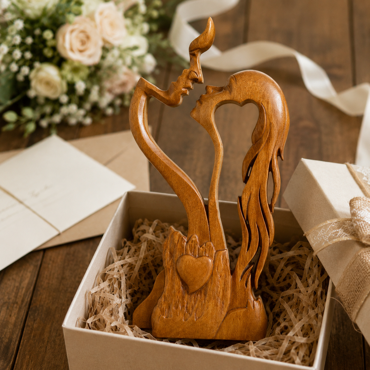 Hand-Carved Christian Love Sculpture – Wooden Couple Statue for Wedding & Anniversary Gift - Christian gift presentation
