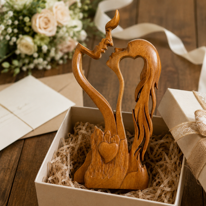 Hand-Carved Christian Love Sculpture – Wooden Couple Statue for Wedding & Anniversary Gift - Christian gift presentation