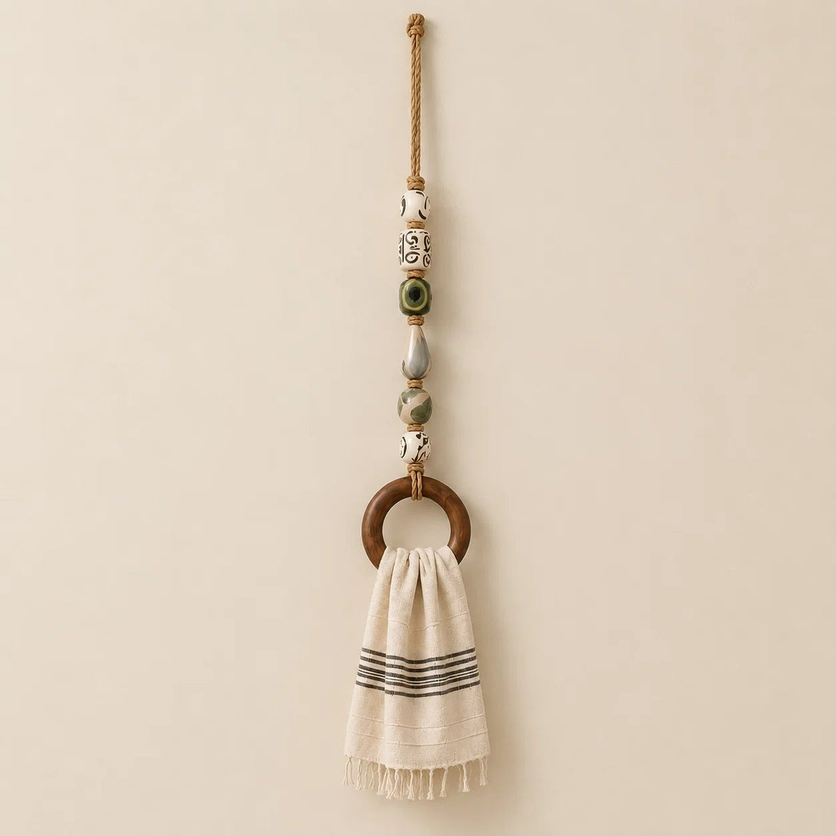 Decorative Beaded Towel Hanger with Wooden Ring
