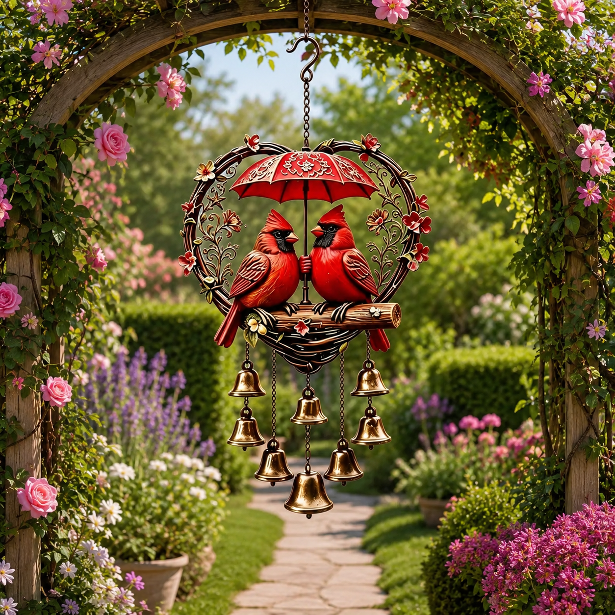Heart-Shaped Couple Wind Chime – Cardinal & Honeybee Gnome Outdoor Hanging Decor