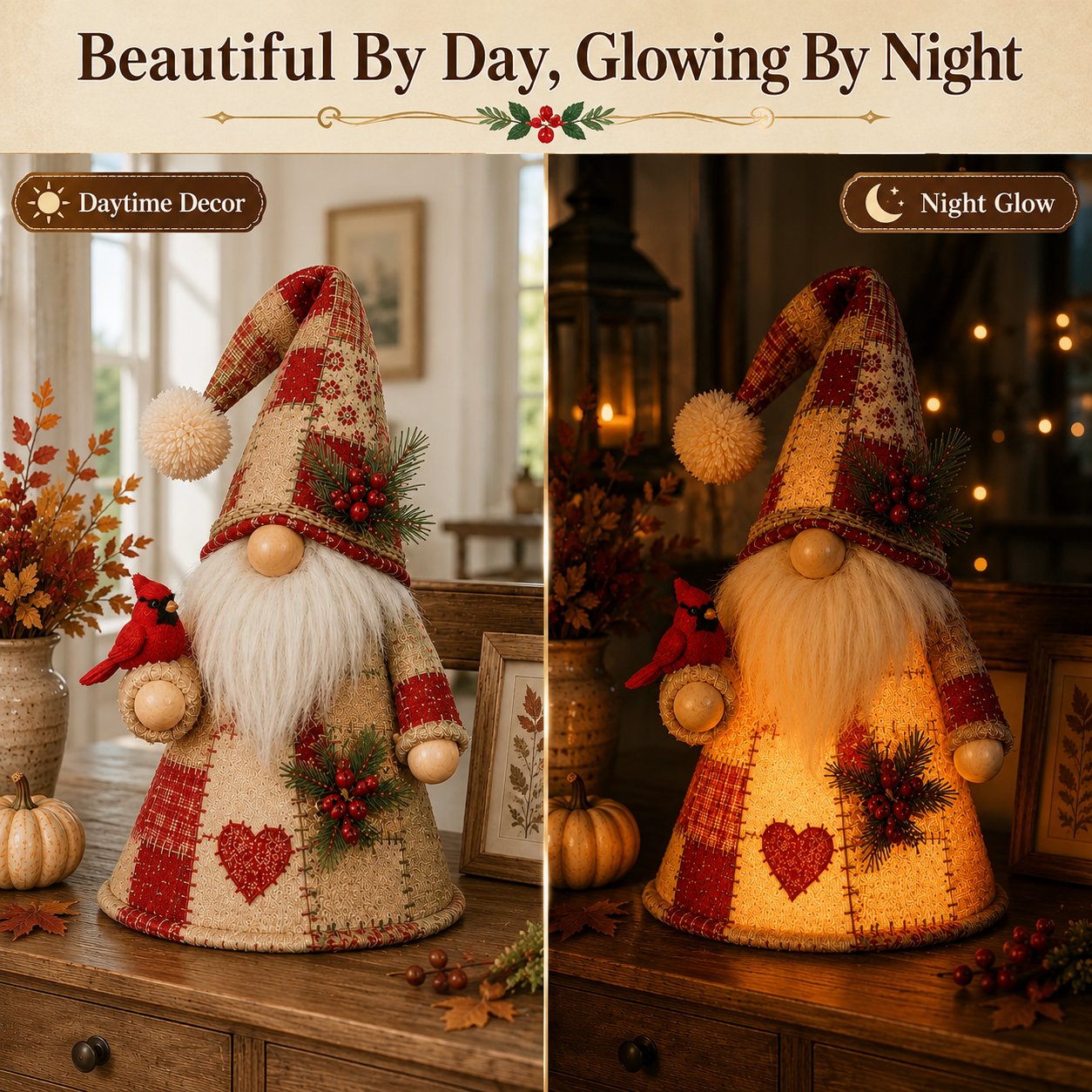 🔥 LAST DAY 49% OFF – 🐦 Patchwork Bird Gnome Light Collection | Warm Glowing Tabletop Decor with Farmhouse Patchwork Details for Mantels, Shelves & Holiday Gifts ✨