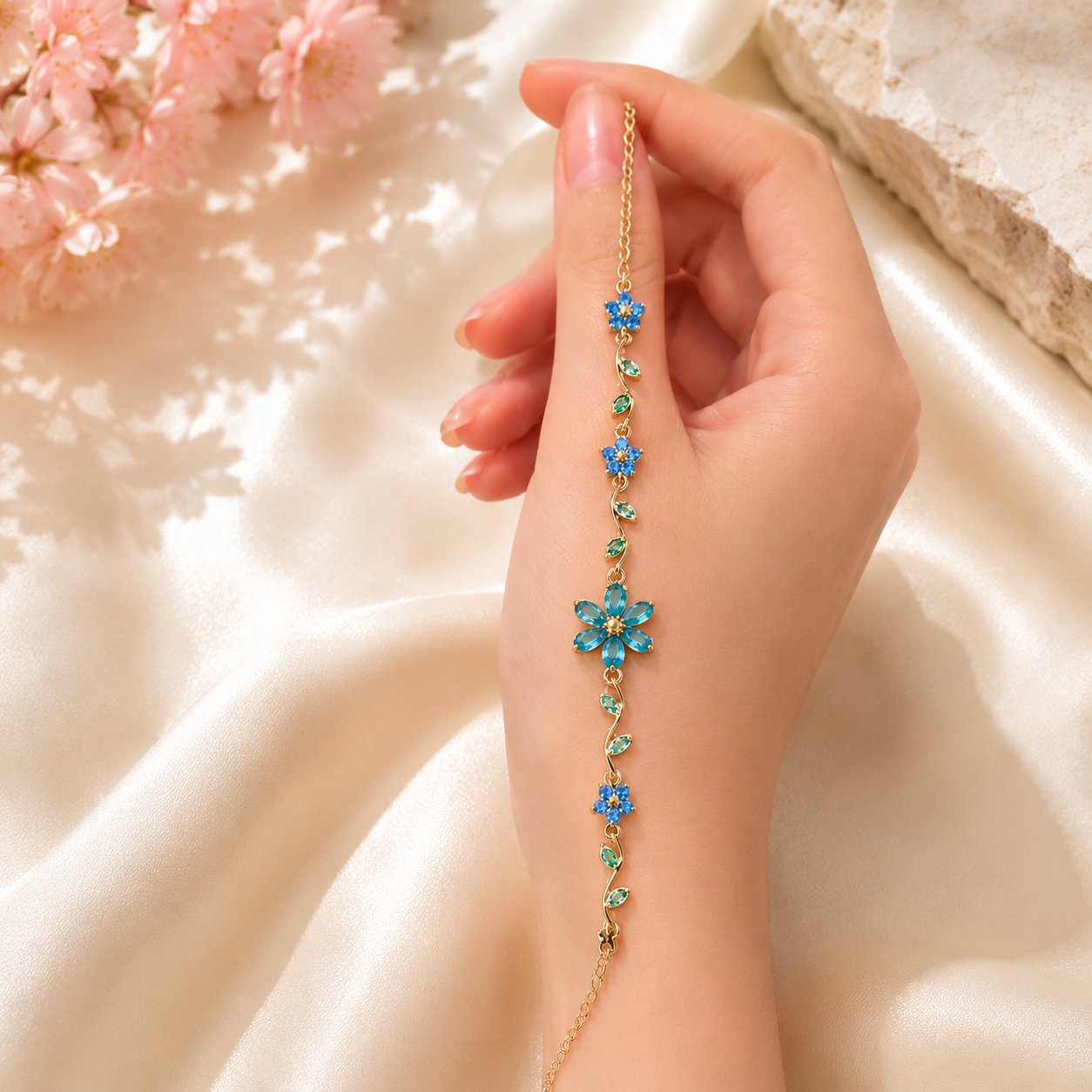 🩵🍃🌸Blooming Sakura Crystal Flower Bracelet – Elegant Floral Jewelry for Women