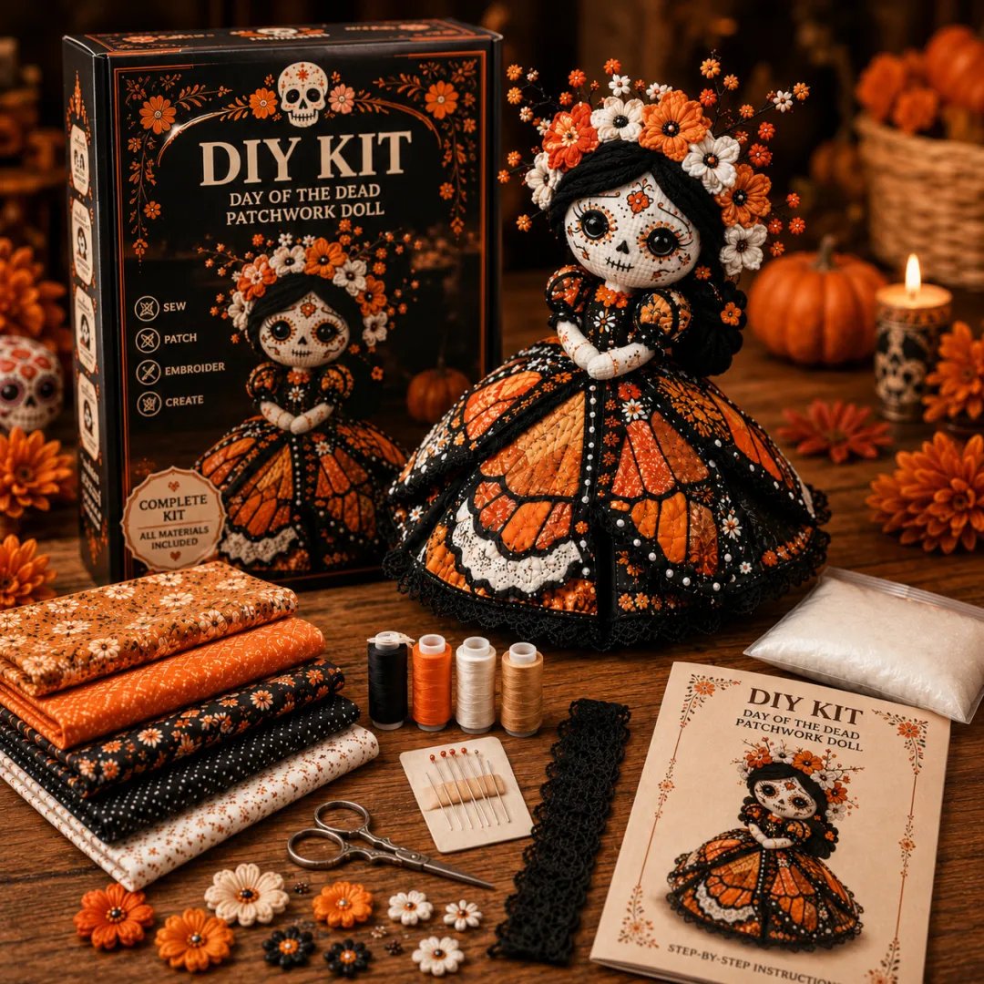 🔥LAST DAY 49% OFF - 🎃Day of the Dead Patchwork Doll DIY Sewing Kit -Create Your Own Colorful Keepsake Doll