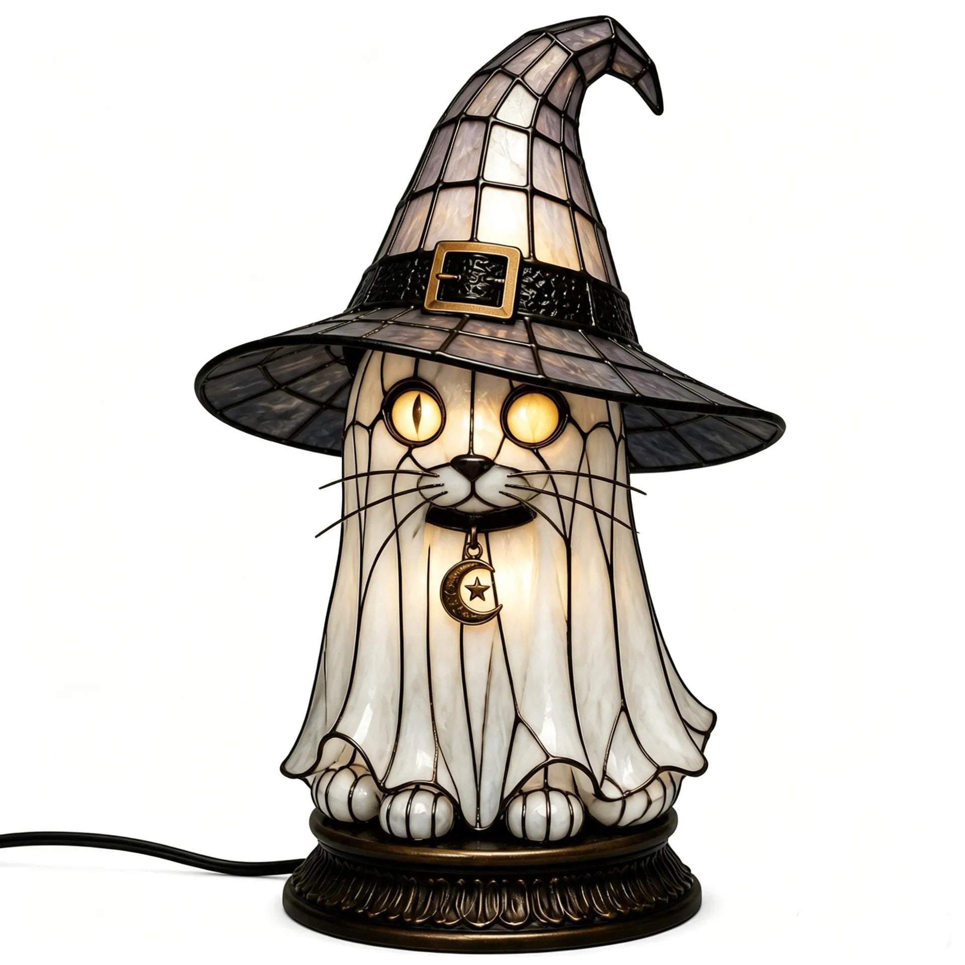 🐈 Gothic Stained Glass Witch Black Cat Table Lamp | Halloween Witch Hat Night Light Decor