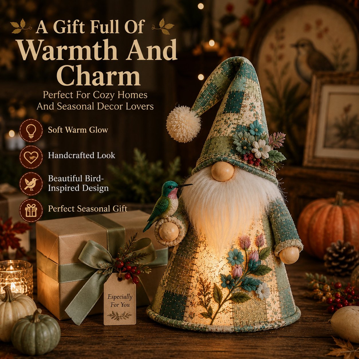 🔥 LAST DAY 49% OFF – 🐦 Patchwork Bird Gnome Light Collection | Warm Glowing Tabletop Decor with Farmhouse Patchwork Details for Mantels, Shelves & Holiday Gifts ✨