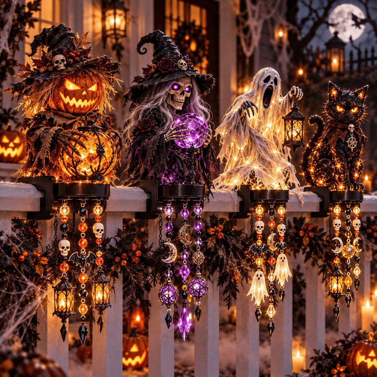 🔥HOT SALE🔥🎃 Halloween Character Glow Cascade Railing Lights – Pumpkin, Witch, Ghost & Black Cat