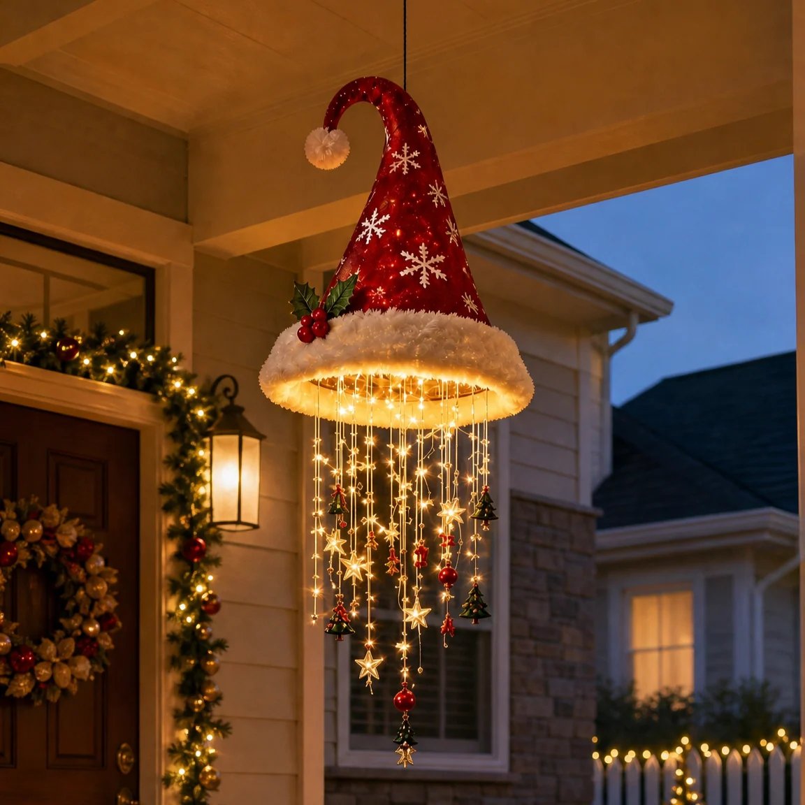 🎅 Beleuchteter Weihnachtsmannhut als Hängeleuchter 🎄 | 3 verschiedene Designs, warme LED-Lichterkette | Weihnachtsdeko für drinnen und draußen, Geschenkidee