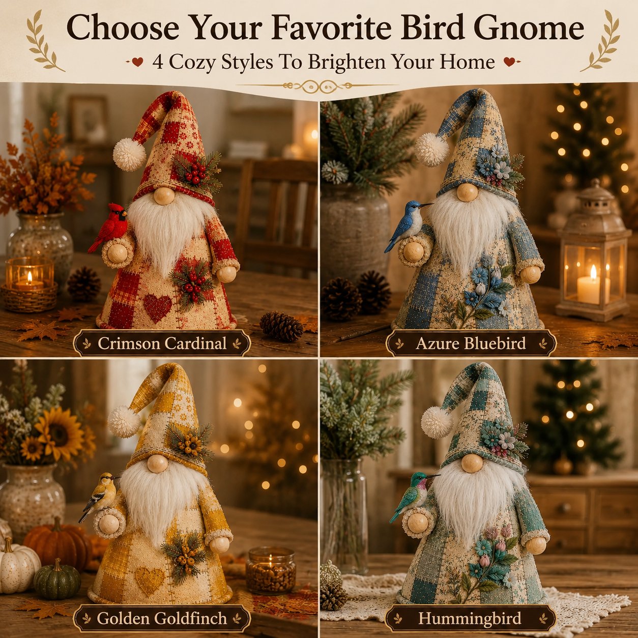 🔥 LAST DAY 49% OFF – 🐦 Patchwork Bird Gnome Light Collection | Warm Glowing Tabletop Decor with Farmhouse Patchwork Details for Mantels, Shelves & Holiday Gifts ✨