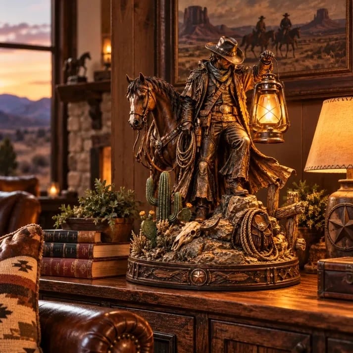 🎁Last Day 50% OFF🔥🤠 Western Rider & Horse Lantern Statue | Rustic Cowboy Decor