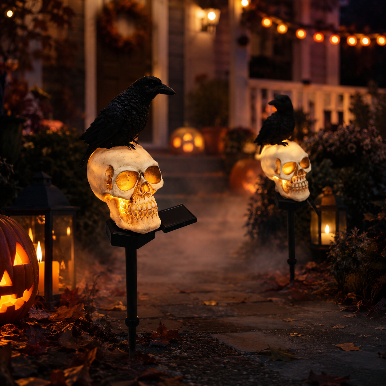Animated Raven Skull Solar Garden Stake – Spooky Moving Halloween Outdoor Yard Decor