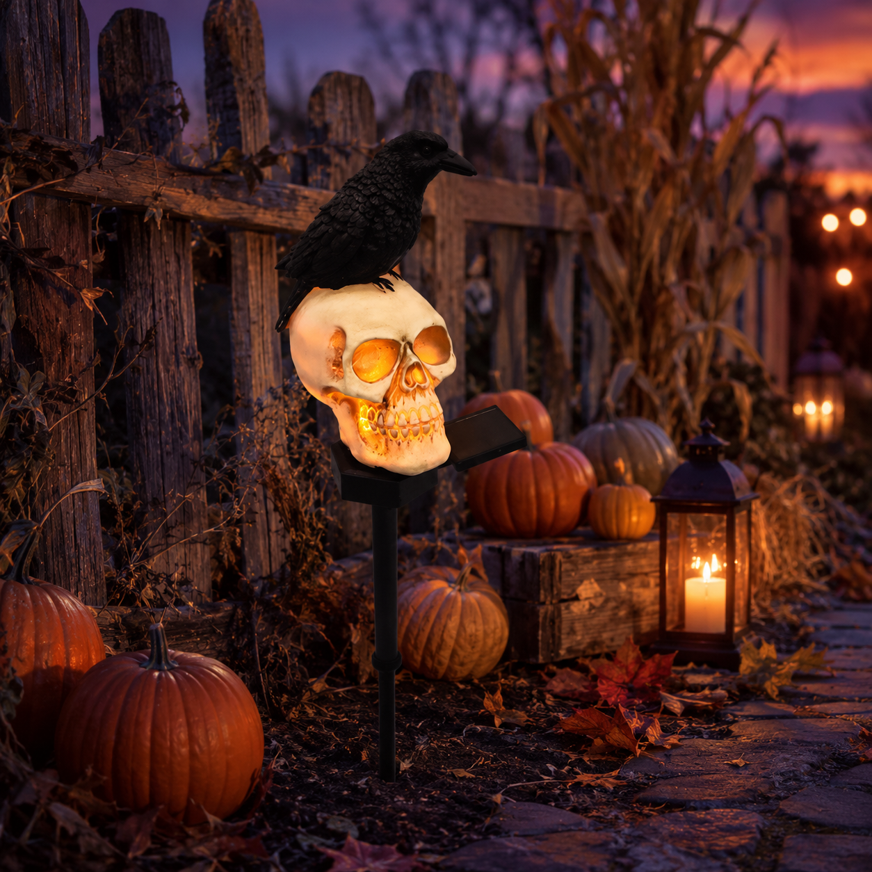 Animated Raven Skull Solar Garden Stake – Spooky Moving Halloween Outdoor Yard Decor