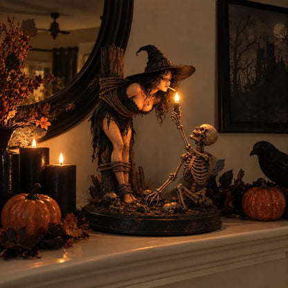 ⏳ Last Day 49% OFF – 🖤 Light-Up Witch & Skeleton Gothic Figurine | Dark Halloween Tabletop Scene with Glowing Flame Detail 🔥