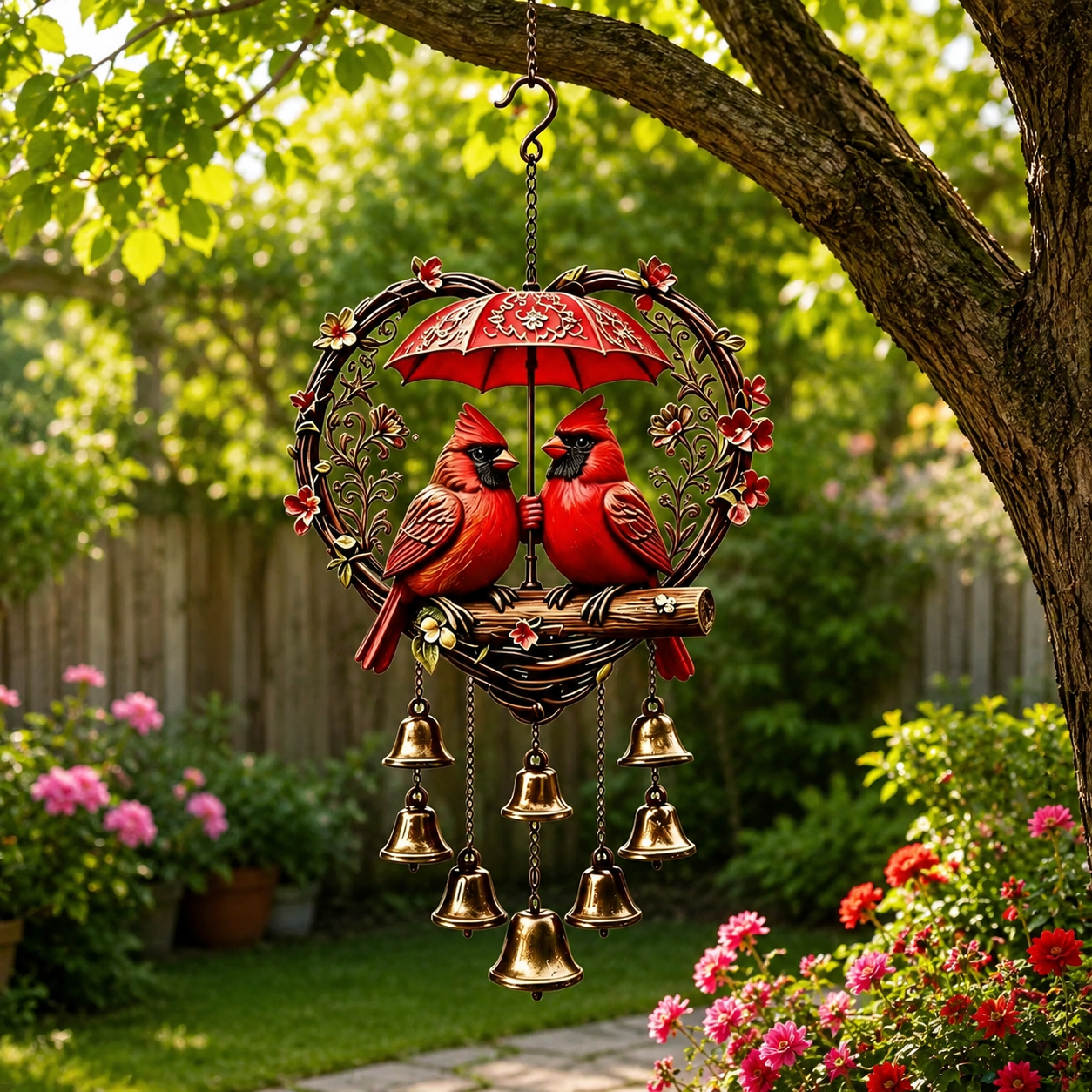 Heart-Shaped Couple Wind Chime – Cardinal & Honeybee Gnome Outdoor Hanging Decor