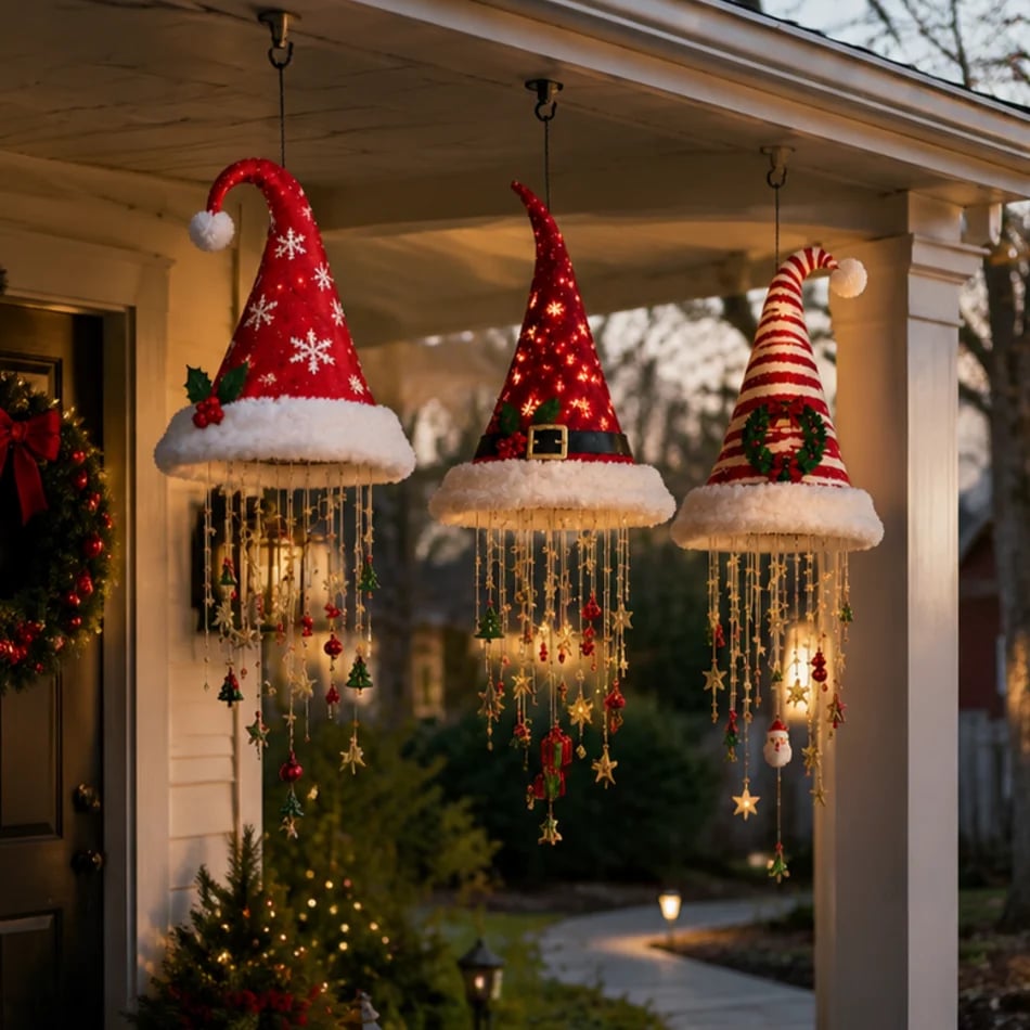🎅 Beleuchteter Weihnachtsmannhut als Hängeleuchter 🎄 | 3 verschiedene Designs, warme LED-Lichterkette | Weihnachtsdeko für drinnen und draußen, Geschenkidee