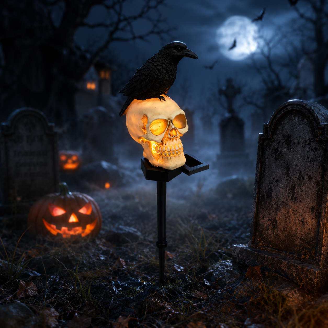 Animated Raven Skull Solar Garden Stake – Spooky Moving Halloween Outdoor Yard Decor