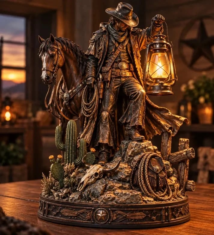 🎁Last Day 50% OFF🔥🤠 Western Rider & Horse Lantern Statue | Rustic Cowboy Decor
